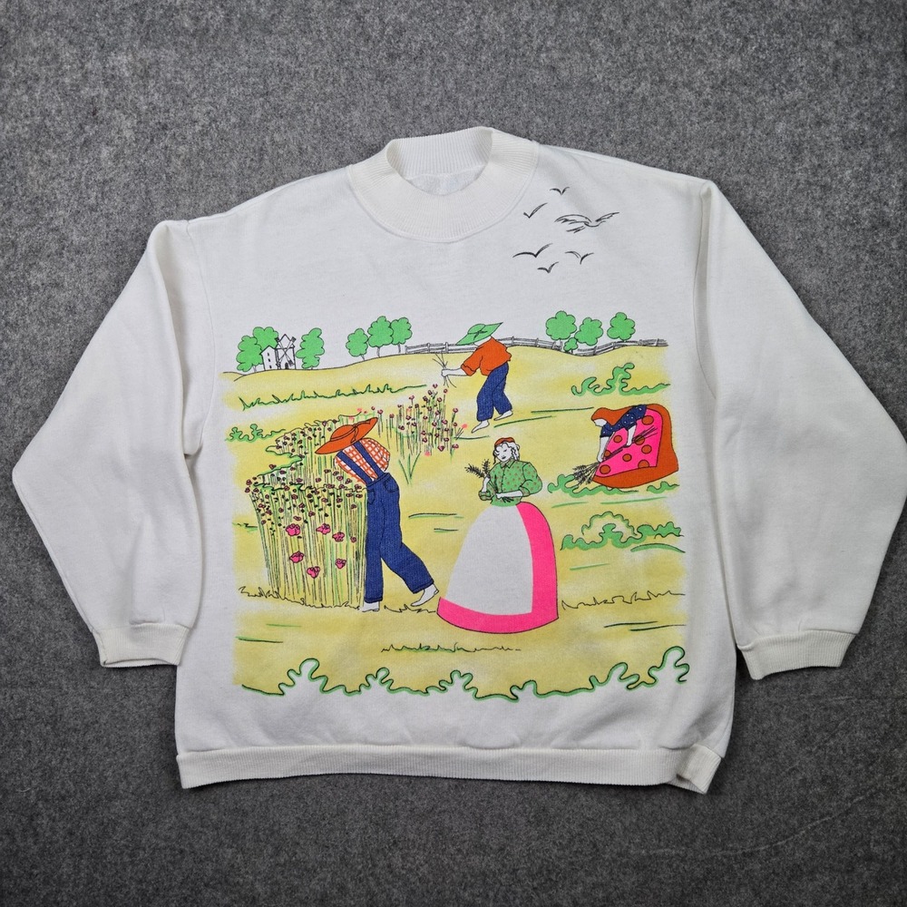 Vintage Graphic Sweatshirt Womens 6 Large White Farm Folk Art Asian Italy 90s
